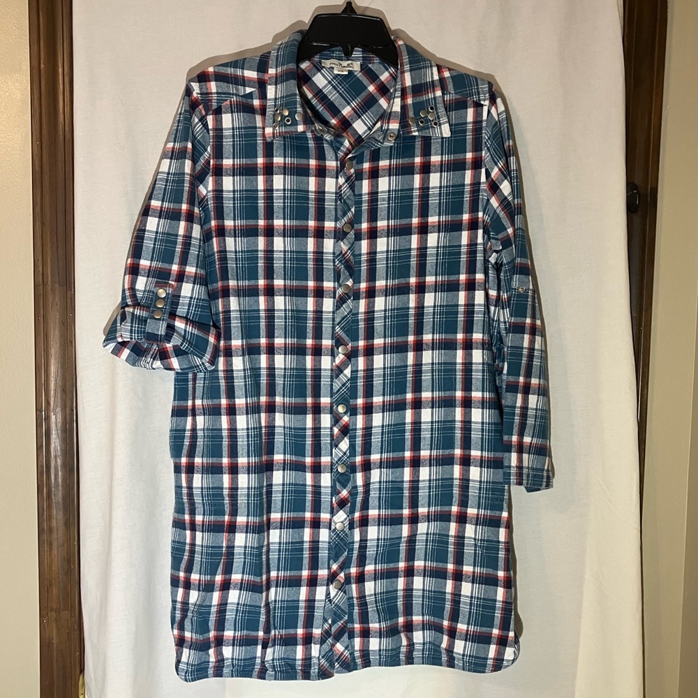 Plaid flannel tunic in smoky blue and white with rust red accent